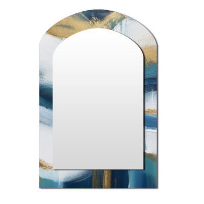 Essential Blue Abstract Minimal Wave Painting II - Abstract Painting Arch Decorative Mirror, Modern Asymmetrical Wall Mirror, Printed Metal Art