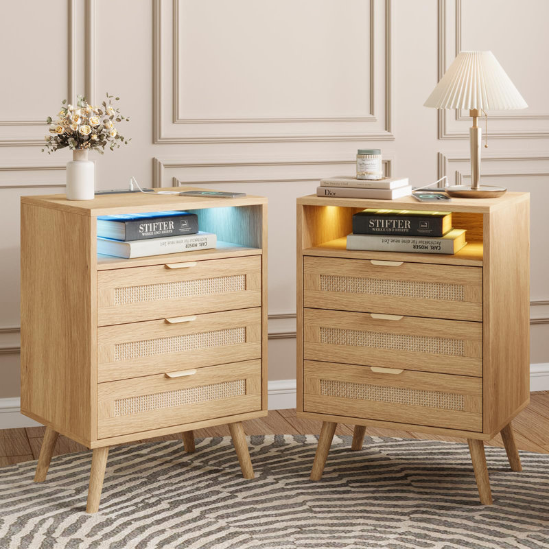 Table de chevet avec port USB pour station de charge, lumières à DEL et 3 tiroirs de rangement, Ensemble de 2