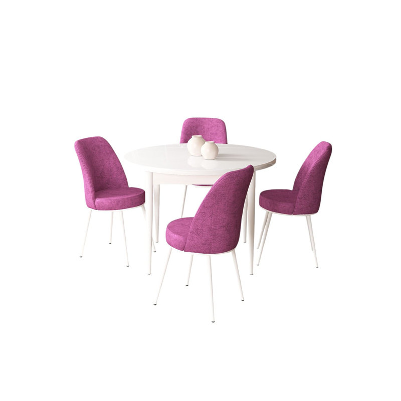 Ensemble de table et chaises de salle à manger moderne 5 pièces, blanc et mauve | Table en carton 100% mélaminé, table: 35,4 po x 29,5 po x 35,4 po | Chaises: 17,7 po x 35,8 po x 16,5 po | Pieds en métal, sièges en mousse confortables, design tendance pour les repas à la maison