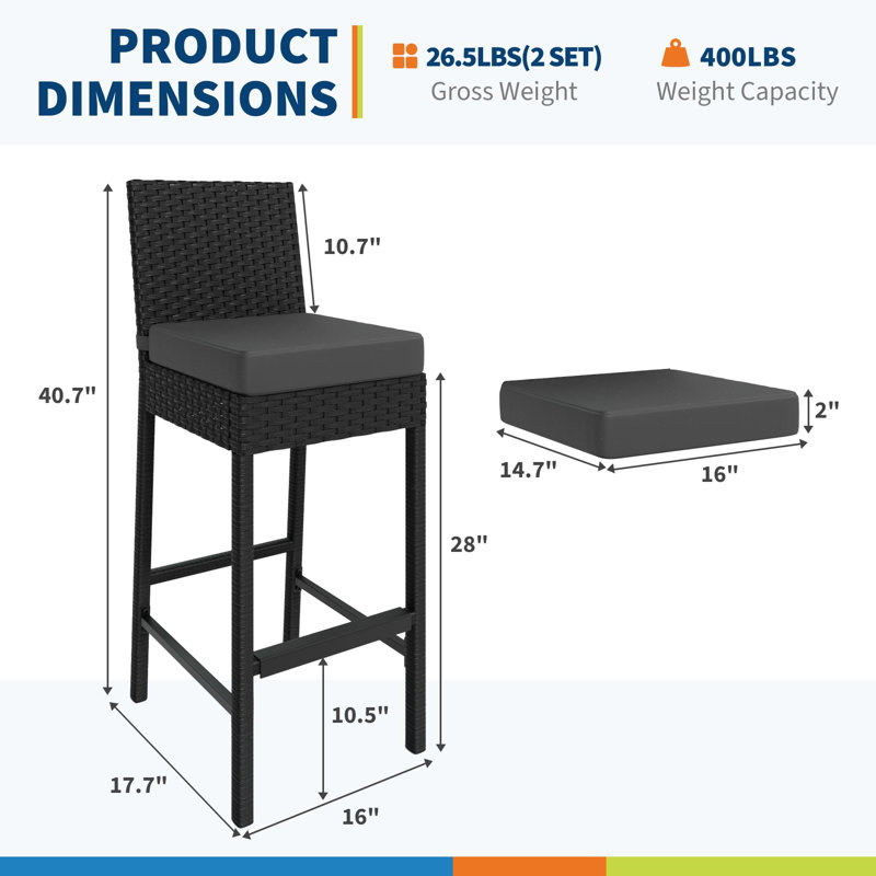 Set of 4 Wicker Bar Stools – Premium Rattan Outdoor Patio Chairs with Armless Bar Height & Soft Seat Cushions
