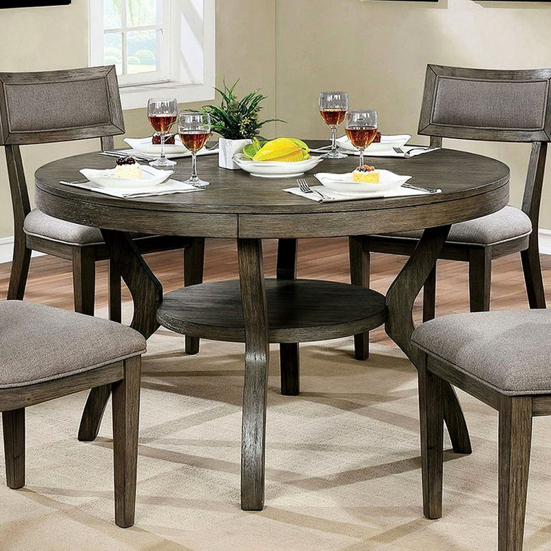 Table de salle à manger ronde en bois massif rustique avec tablette de couleur grise, surface en bois
