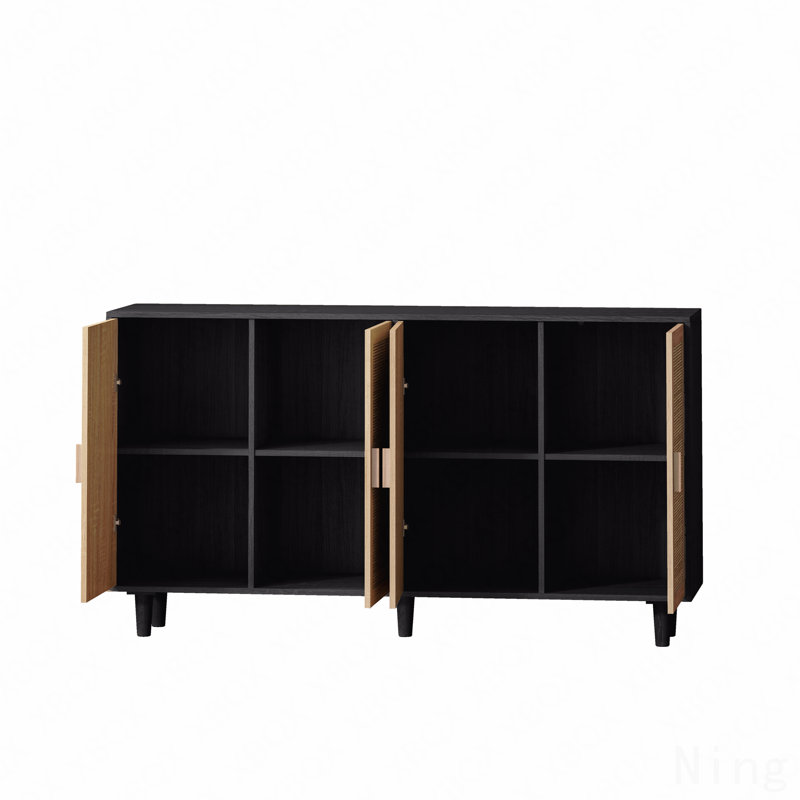 62.20"Elegant and Functional 4-Door Rattan Decorative Storage Cabinet,for Bedroom,Living Room,Office,Easy Assembly,Black