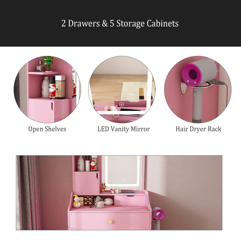 Miroir de coiffeuse 3 couleurs à DEL avec tabouret, coiffeuse pour la chambre à coucher, 2 tiroirs et 5 armoires de rangement (4 ouvertes + 1 cachée), éclairage réglable