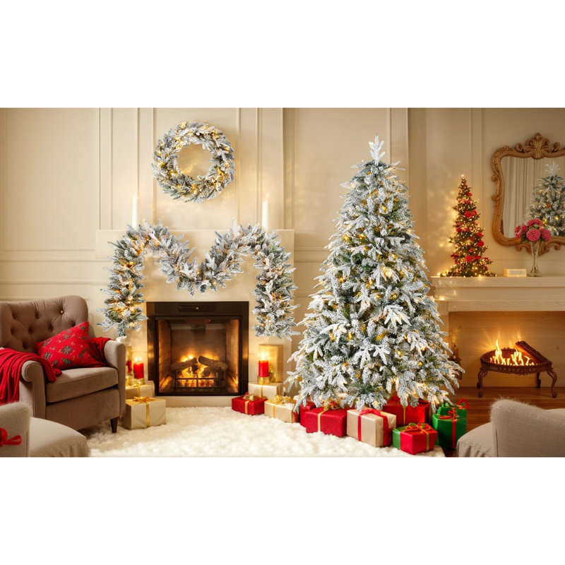 Décoration de Noël en flocage: arbre de 6 pi, 9 pi, décor enneigé à 370 points, et avec lumières pour une maison confortable