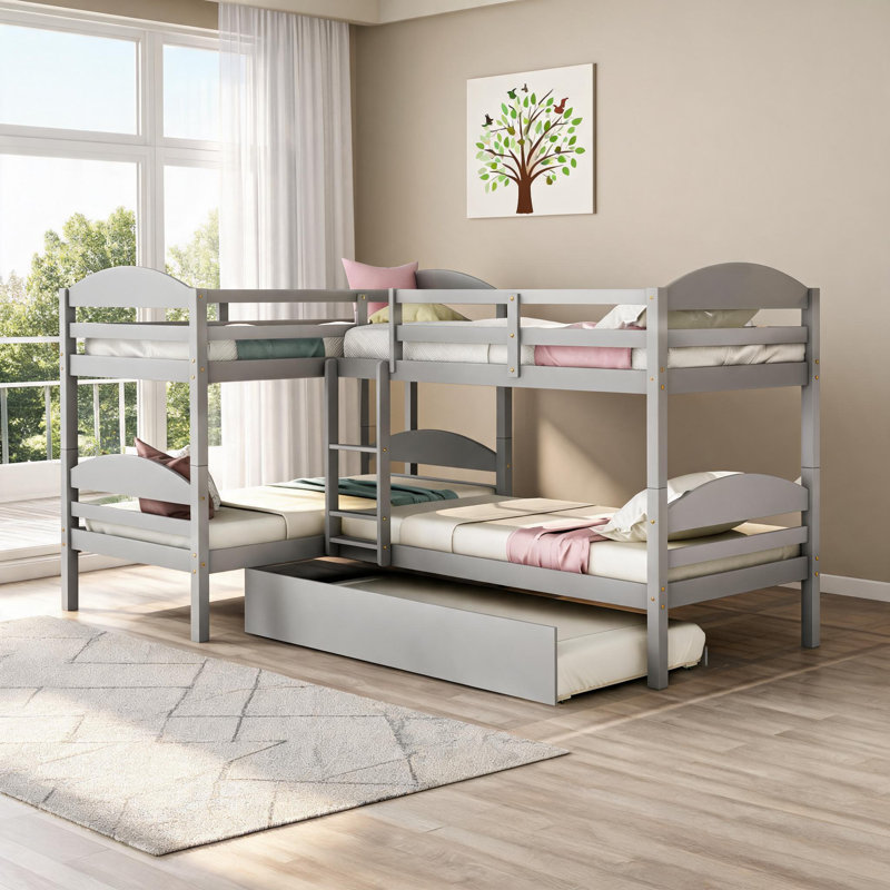 Platform Bed Neutral Grey Solid Wood L-Shaped Bunk With Trundle For Family Bedrooms And Overnight Guests