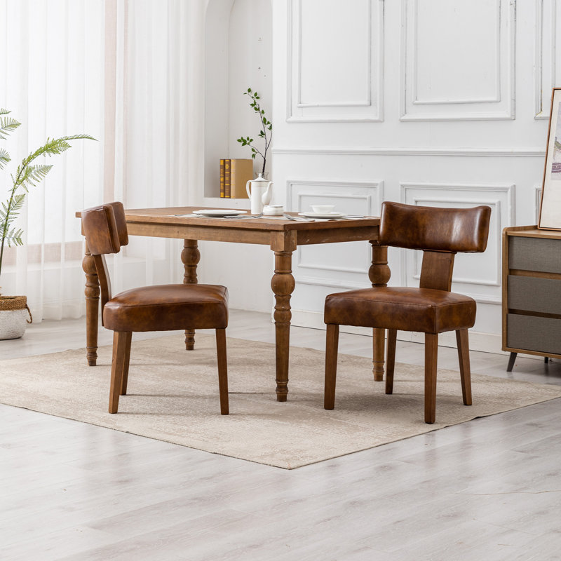 Brown Faux Leather Upholstered Dining Chairs with Wood Frame, Set of 2