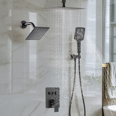 Shower Faucet Set, 12 Inch Ceiling Mount Rainfall Shower System with 6 Inch Wall Mount Head and 4 in 1 Handheld Spray, Rotatable 3-Function Dual Rain Head Brass Valve and Trim Kit, Matte Black