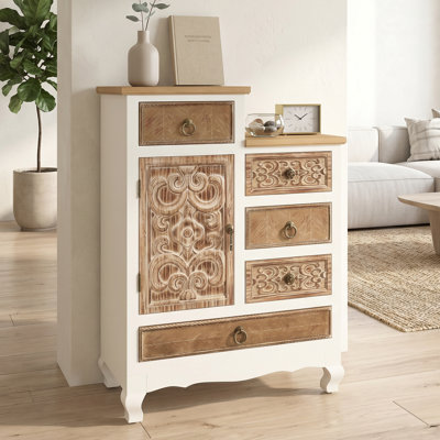 Armoire de rangement en bois rétro avec 5 tiroirs et 1 poignée en métal, partiellement assemblée, nécessite seulement l'installation de pieds d'armoire, blanc antique