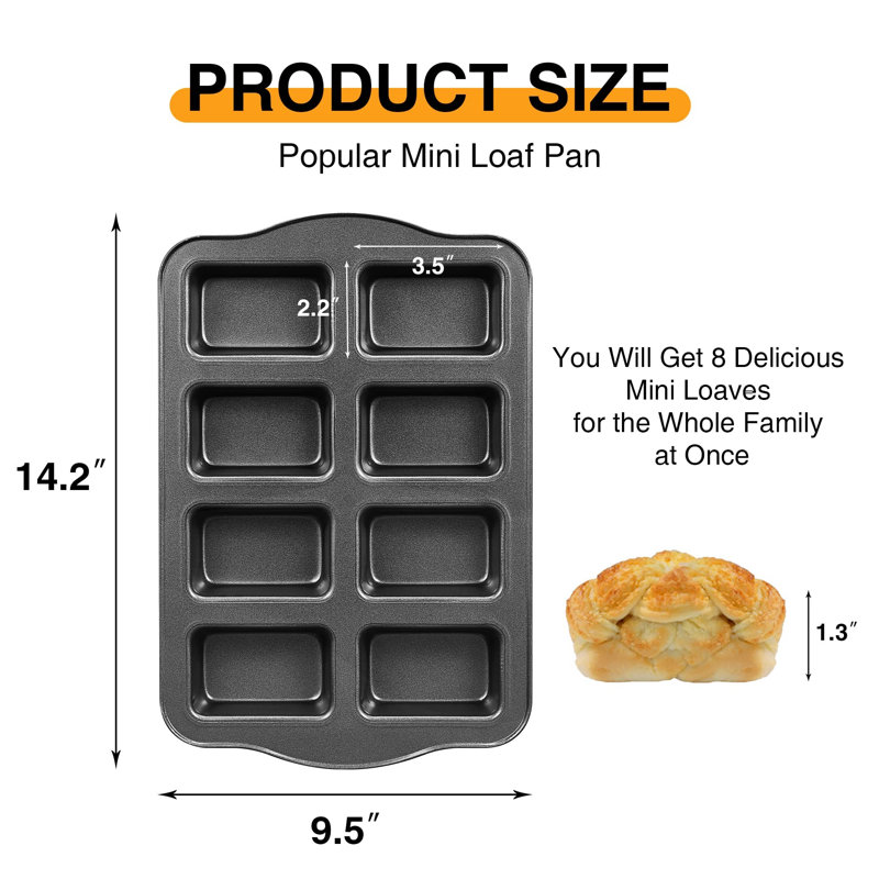 2 Pack Mini Loaf Baking Pans 8-Cavity, Nonstick Small Cornbread Pan, Tiny Banana Bread Pan Set, Heavy Duty Brownie TIn, Dark Grey