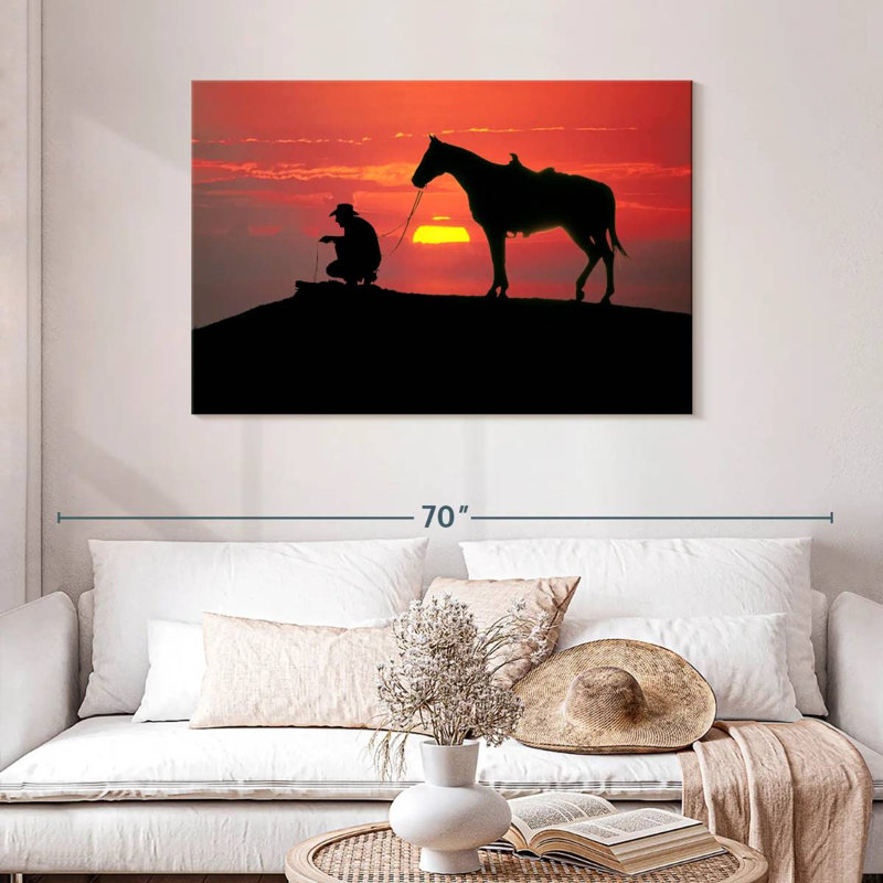 Cowboy de Brampt au coucher du soleil, H 30 po x l 45 po