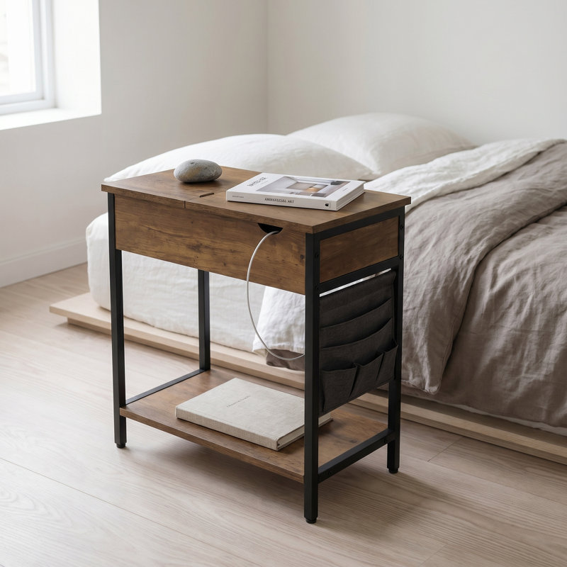 Table d'appoint avec rangement et station de charge - Table de bout avec ports USB, prises et sacs en tissu, table de chevet pour le salon et la chambre à coucher, noyer rustique et noir