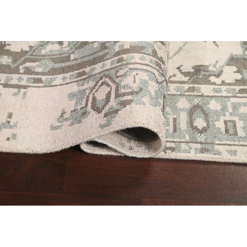 Tapis gris / ivoire noué à la main de conception unique 5 pi x 7 pi 10 po New Age