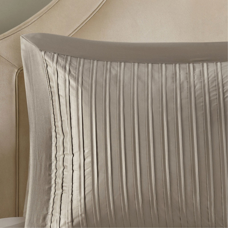 Ensemble d'édredon 7 pièces charmeuse en polyester taupe très grand, Édredon de très grande taille et 6 pièces suppl