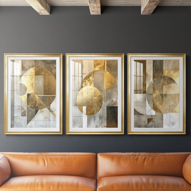 ABSTRACT Series CXV III - Impression sur mesure avec cadre de qualité supérieure - 3 pièces, H 27 po x l 39 po, Doré
