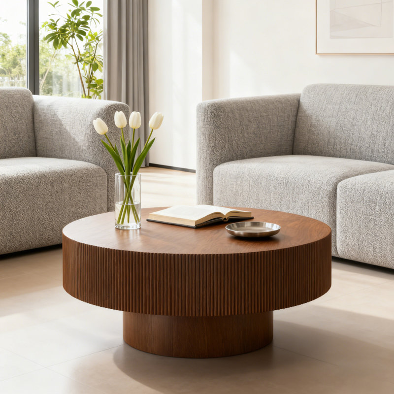 Table basse ronde avec plateau épais, H 16,7 po x L 35,4 po x l 35,4 po, Noyer