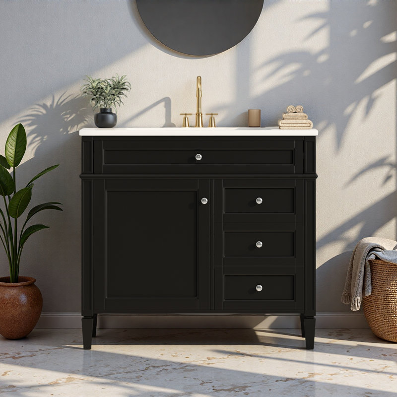 Meuble-lavabo de 36 po avec lavabo supérieur, meuble-lavabo moderne avec 2 tiroirs et tiroir escamotable, meuble-lavabo simple