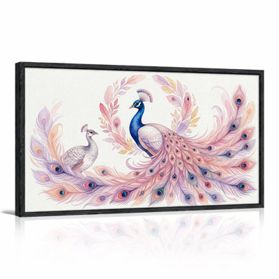 Blue Peacock And Peahen With Pink And Purple Floral Feather Canvas Wall Art