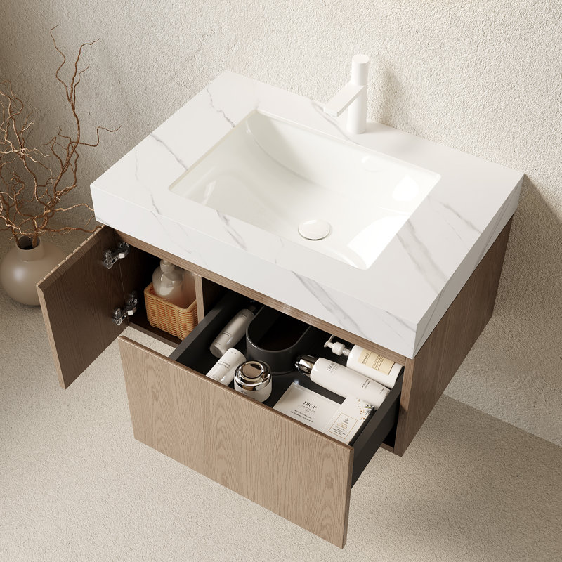 Meuble-lavabo flottant avec espace de rangement multifonctionnel et trou de robinet simple, Marron clair, 30"