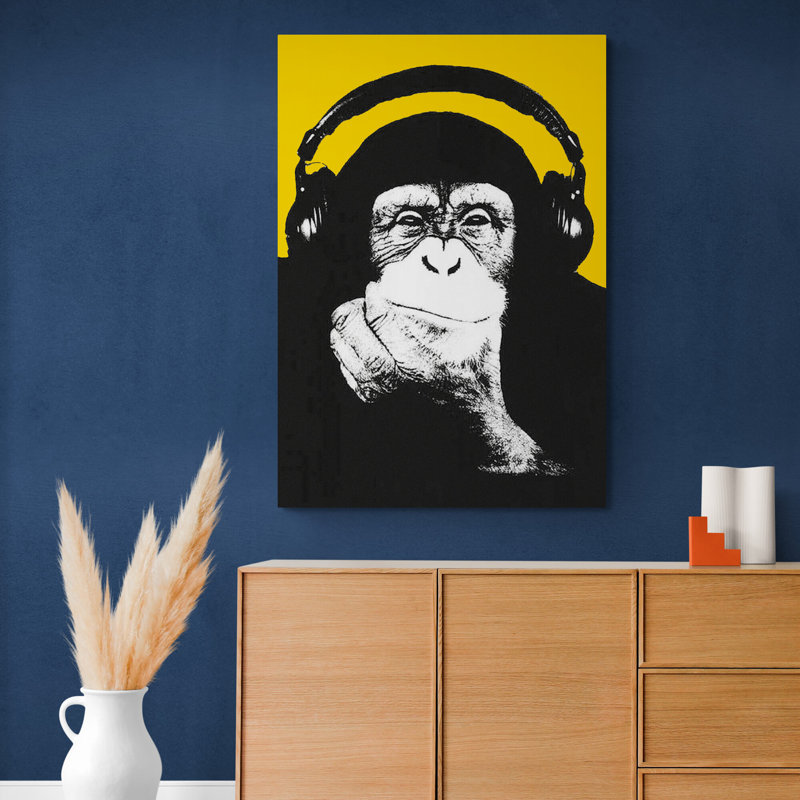 Monkey Headphones Thinking - Wrapped Canvas Print, 61cm H x 41cm W x 4cm D