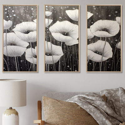 «Grey Poppies Silver Serenity» - ensemble d'art mural coquelicots
