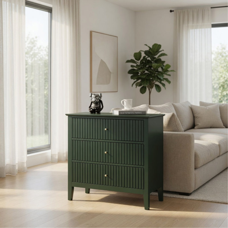 Grande table de bout moderne de 32 po à 3 tiroirs, table de chevet cannelée verte