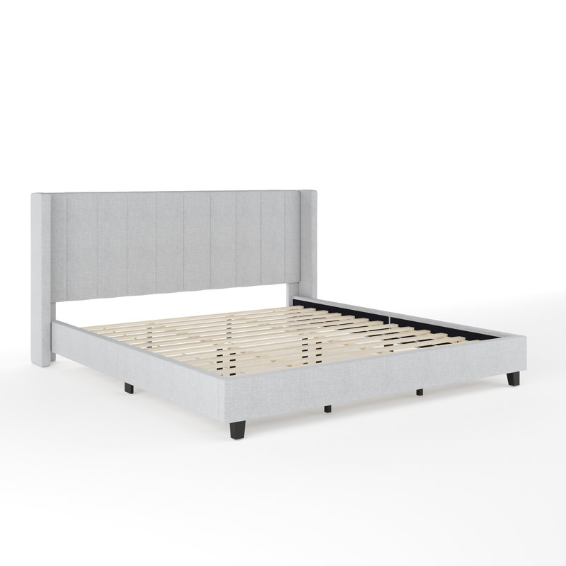 Gray King Upholstered Platform Bed with Linen Wingback Headboard