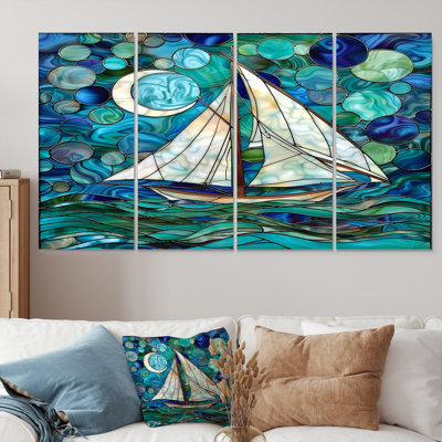 Sailboat Ocean Sky Circles Of Green And Blue - Boat Wall Art Set 4 Piece -  Design Art, PT93227-271