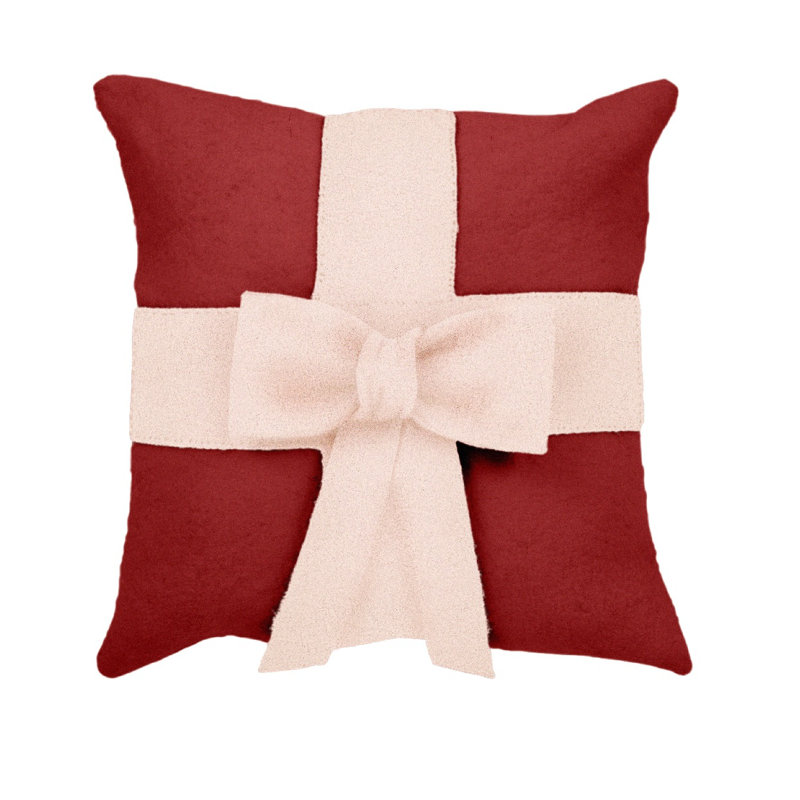 Christmas Pillow Cover in Hand Felted Wool - 20", Cream/Red bow, Pillow (includes insert), 14" x 14"