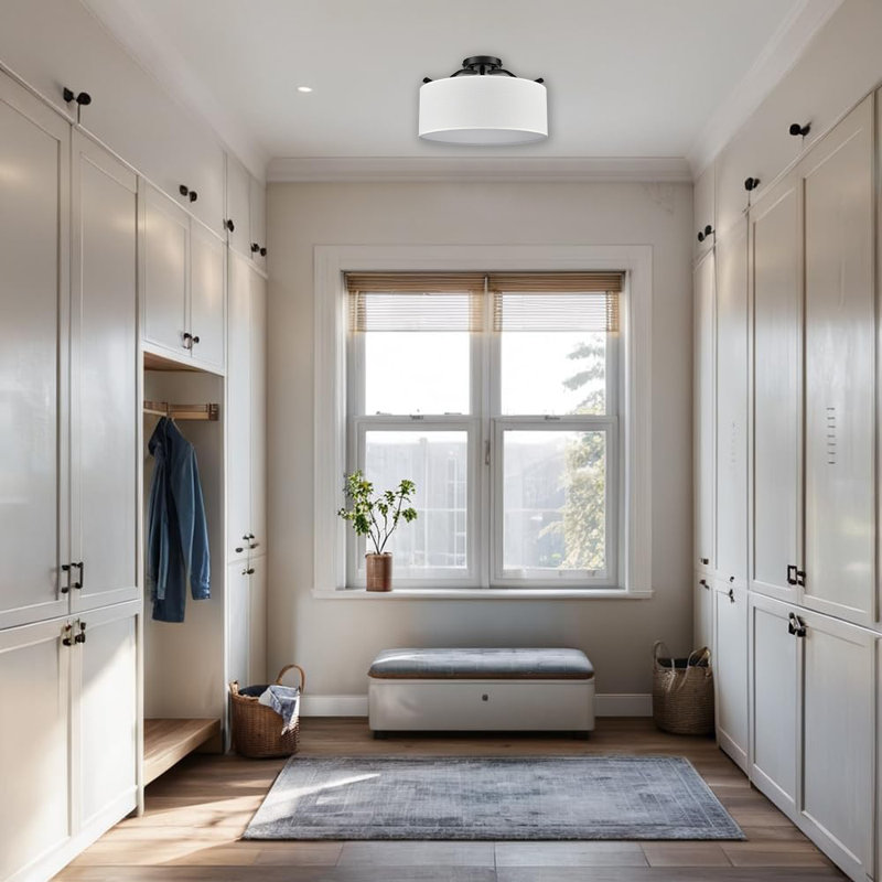 3-light Flush Mount Ceiling Light Metal Light Fixture With Drum Linen Shade, Matte Black