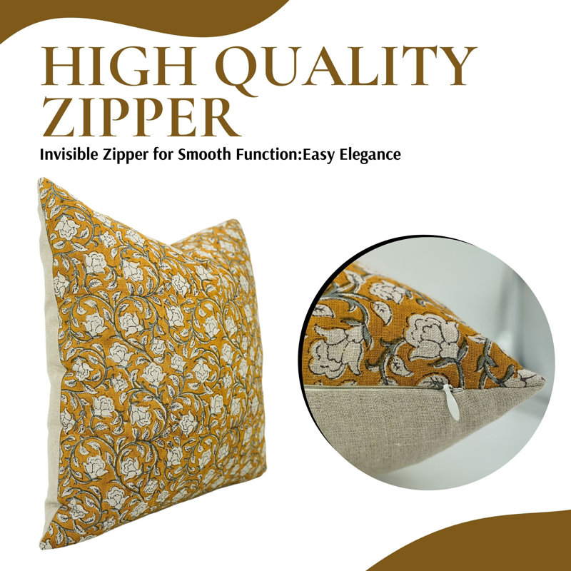 Linen Lumbar Pillow Cover, 14" H x 14" W, Yellow/Green/Beige Floral 2