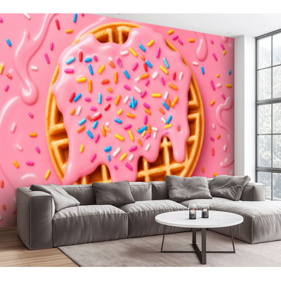 Papier peint adhésif peler et coller crème glacée à la fraise, paillettes colorées, gaufres, cône, papier autocollant amovible, décoration murale pour le salon, chambre à coucher H 100 po x l 144 po