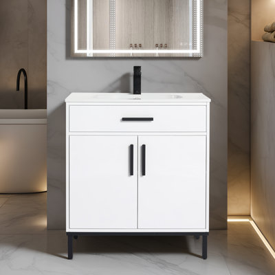 Meuble-lavabo autoportant de 30 po avec lavabo - Armoire en bois massif avec lavabo en céramique, portes à fermeture en douceur et rangement réglable pour les petites salles de bain