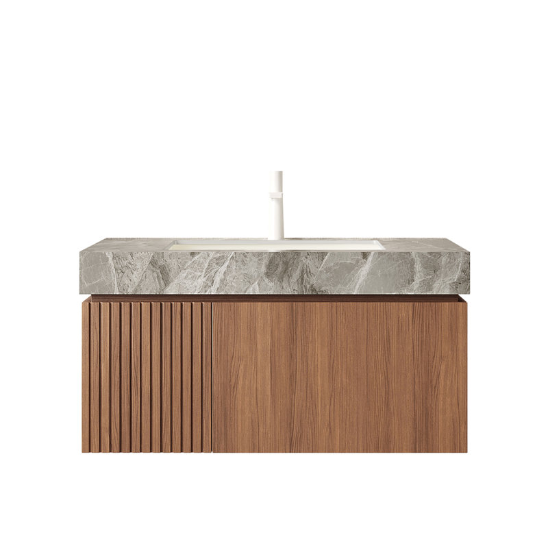 Meuble-lavabo mural avec lavabo, armoire à grain de bois espresso, comptoir en pierre frittée gris clair, lavabo en céramique, solution de rangement moderne