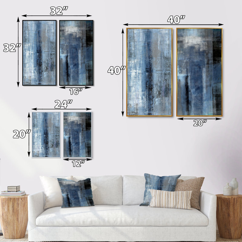 Art mural abstrait bleu gris, ensemble de 2 toiles - Le bleu rencontre l'art abstrait gris, H 40 po x l 40 po, Noir