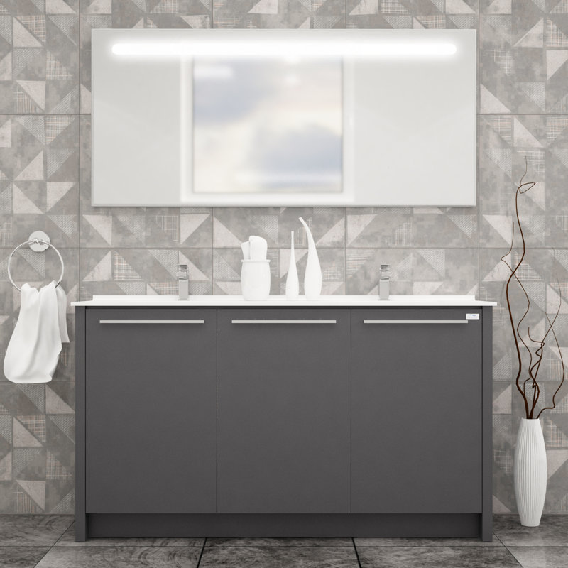 Ensemble de meuble-lavabo double 63 po avec miroir Tornillo, Gris lustré