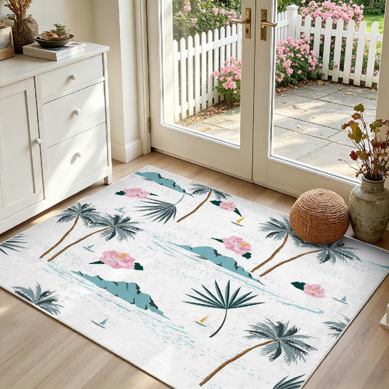 Magnifique tapis d'intérieur botanique blanc sans couture Island, Rectangle 39 po x 63 po