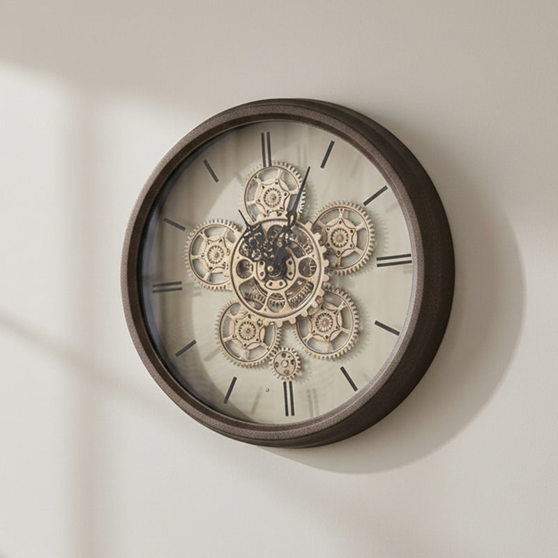 Ormiston Living Room Round Wall Clock with Metal Frame, Glass Front Gear Wall Clock, Brown/Orange