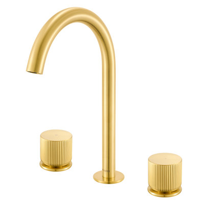 Ruvati Fabio Two Handle Widespread Fluted Knob Arc Round Neck Bathroom Faucet in Brushed Gold