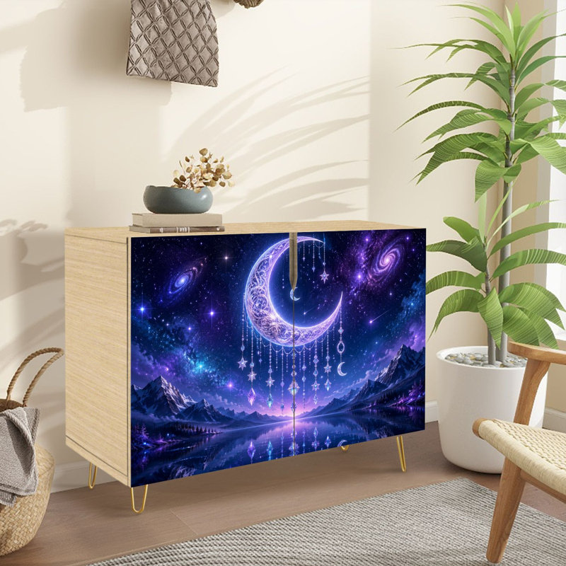 Buffet avec rangement Celestial Crescent Moon Stars Crystals Lake avec 2 portes pour le salon et la cuisine