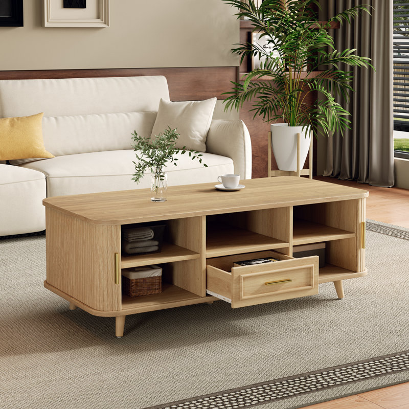 Table basse moderne avec rangement Mid-Century, Naturel