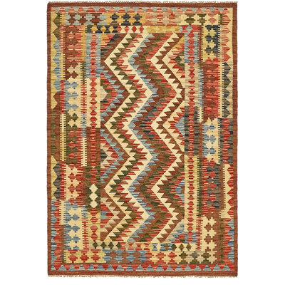 Tapis de zone en laine brun/beige/rouge/vert 3 pi 6 po x 5 pi 2 po one-of-kind-noué la main Doorfield