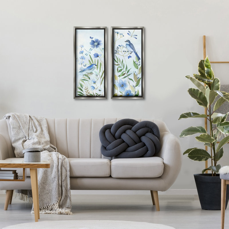 Ensemble de 2 toiles flottantes encadrées bleues avec fleurs et oiseaux, design par Janet Tava, H 31 po x l 15 po