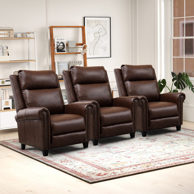 Ensemble de 3 fauteuils inclinables 33,5 po en cuir véritable, Brun