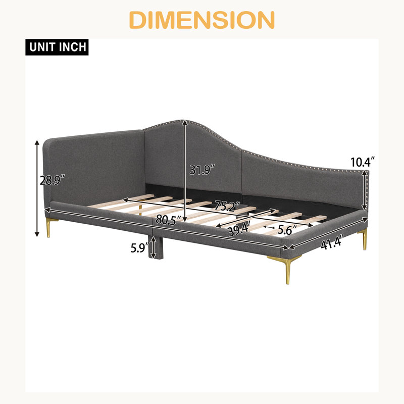Upholstered Daybed With Headboard And Armrest, Support Legs, Twin, Gray