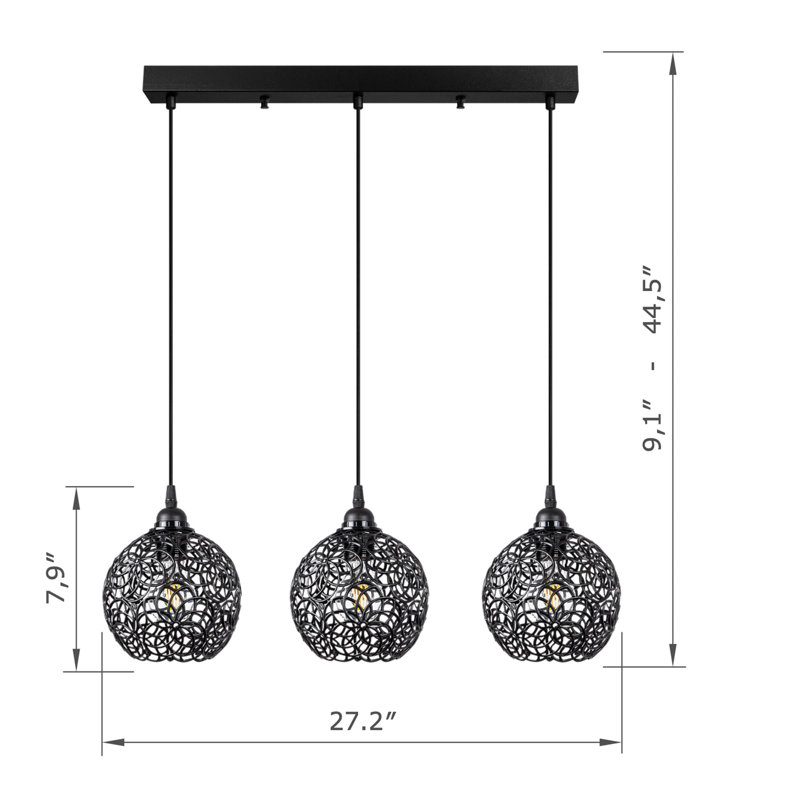 Luminaire suspendu pour îlot de cuisine 3 lumières à hauteur réglable avec capuchon en métal