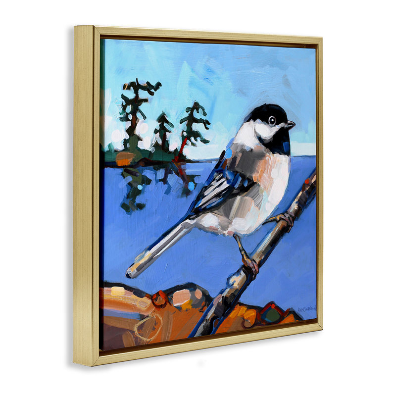  "Swallow Bird" perché sur toile flottante par Adam Swanson, H 18 po x l 18 po, Cadre flottant métallique doré