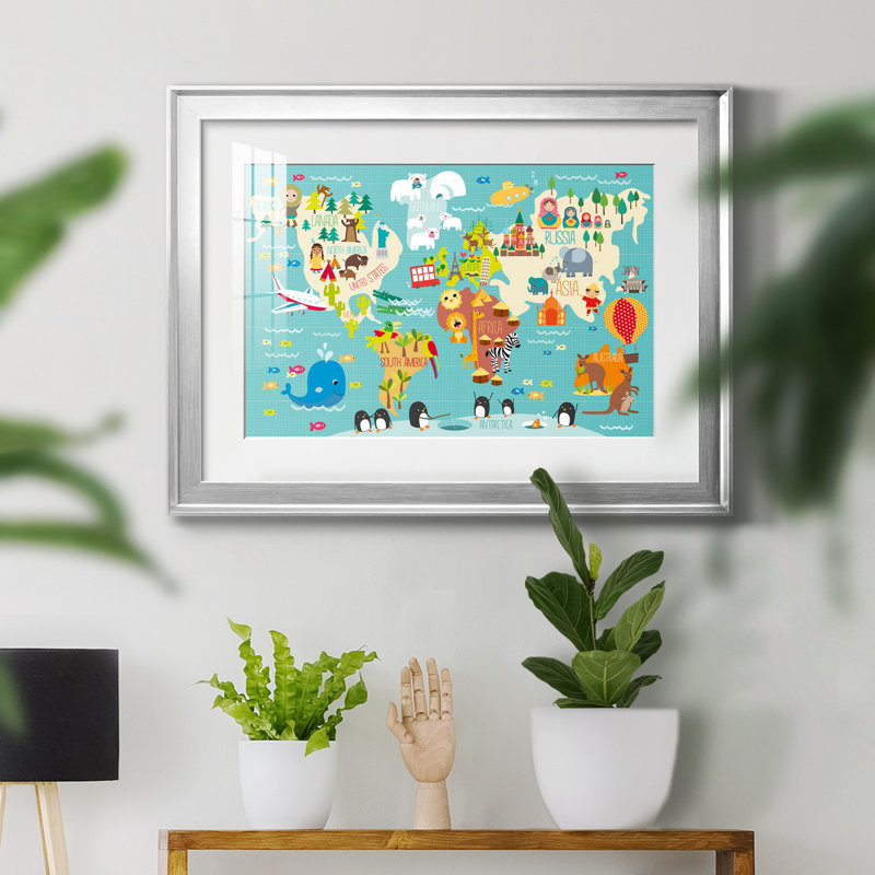 Carte du monde des enfants - impression encadrée, Cadre argenté, H 18,5 po x l 24,5 po x P 1,5 po