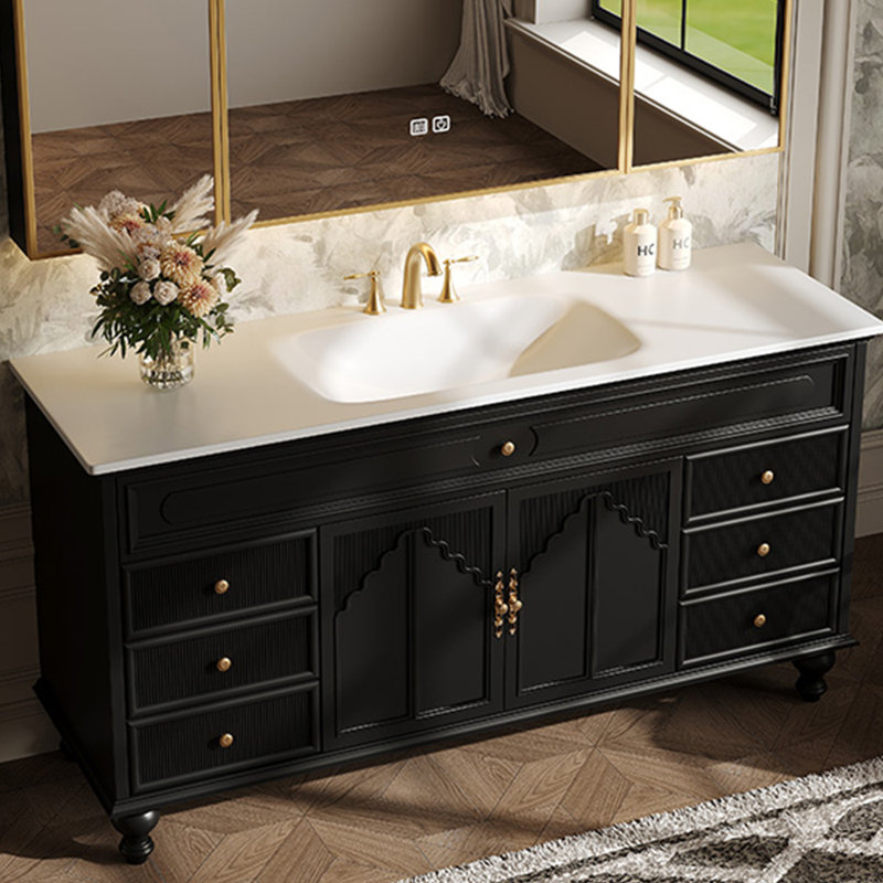 French retro style floor-standing bathroom cabinet, Black, 33.46'' H x 62.99'' W x 21.65'' D