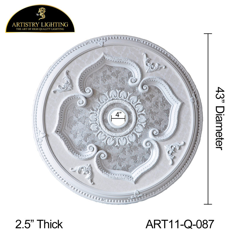 Round 43" Classic White Ceiling Medallion Silver Leaves Motif