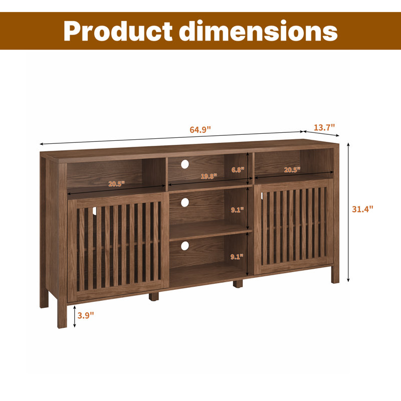 Farmhouse Brown Tv Stand With Grille Doors, 5 Open Storage Compartments, Media Console With Adjustable Shelves For Living Room
